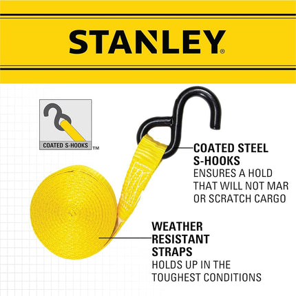 Stanley S1006 Black/Yellow 1" x 14' Ratchet Tie Down Straps - Medium Cargo Securing (3,000 lbs Break Strength), 4 Pack