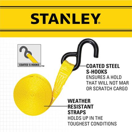 Stanley S1006 Black/Yellow 1" x 14' Ratchet Tie Down Straps - Medium Cargo Securing (3,000 lbs Break Strength), 4 Pack