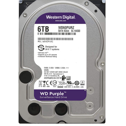 Disco duro Western Digital Purple de 6 TB para vigilancia, SATA 6 Gb/s de 3,5 pulgadas con tecnología Allframe 4K - 180 TB/año, caché de 64 MB, 5400 rpm - WD60PURZ