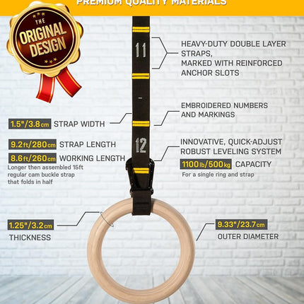 Double Circle Wood Gymnastics Rings with Quick Adjust Numbered Straps and Exercise Videos Guide - Full Body Workout Rings, Calisthenics, Home Gym