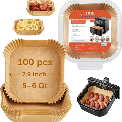 COSORI Air Fryer Liners, 100 PCS Square Disposable Paper Liners, Non-Stick Silicone Oil Coating, Little to No Cleaning, 7.9" Unbleached Food Grade, Resistant to 465�F, Thickened Not Easy to Break