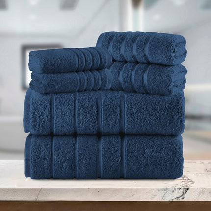 Elegant Comfort 4 Lines Viscose Stripe 6-Piece Premium Towel Set - 100% Turkish Cotton High Absorbent Luxury Bathroom Towels – Includes 2 Washcloths, 2 Hand Towels and 2 Bath Towels Set, Navy Blue