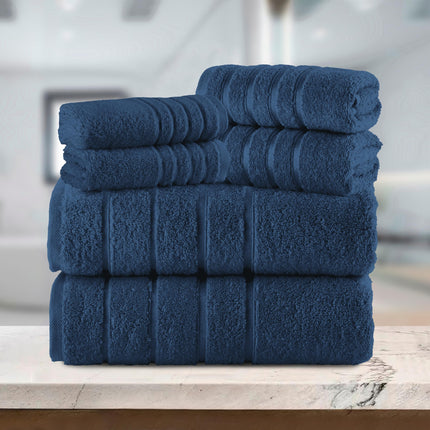 Elegant Comfort 4 Lines Viscose Stripe 6-Piece Premium Towel Set - 100% Turkish Cotton High Absorbent Luxury Bathroom Towels – Includes 2 Washcloths, 2 Hand Towels and 2 Bath Towels Set, Navy Blue