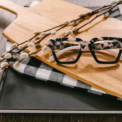 Peepers by PeeperSpecs Women's Take a Bow Square Blue Light Blocking Reading Glasses, Black Marble/Black, 51