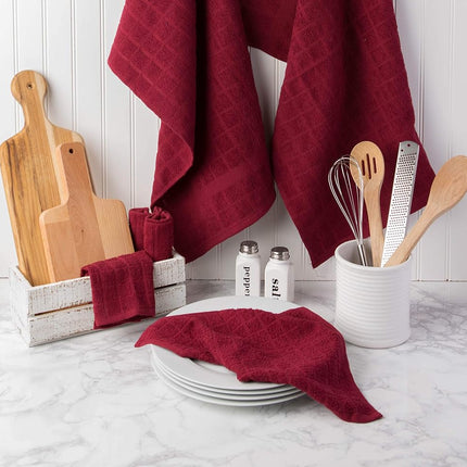 DII Windowpane Dishtowel Set, Cotton, Wine Solid, 16x26