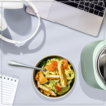 Nostalgia Portable 20-Ounce Electric Heated Lunch Box � Travel Size 2.5 Cup Capacity for Soup, Chili, and Leftovers � Leak Proof Silicone Sealed Lid, Foldable Carry Handle, Detachable Cord � Sage