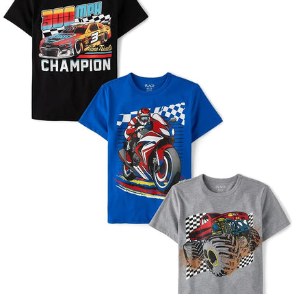 The Children's Place Boys' Vehicle Short Sleeve Graphic T-Shirts,multipacks, Monster Truck/Champion/Biker, X-Large