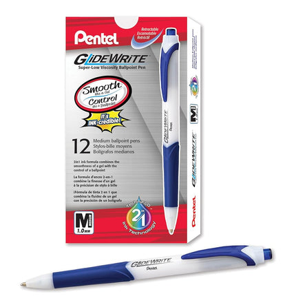 Pentel Pens, GlideWrite Ballpoint Pen with TechniFLO Ink - Bulk Pack of 12 BLUE Ink Pens 1.0mm with Retractable Barrel Design - Easy Grip & Smooth Writing, Metal Tip, Medium point pen.