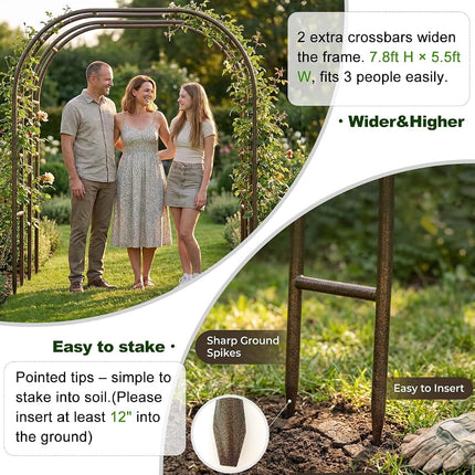 Arco de jardín metálico, 2,38 metros de alto x 1,67 metros de ancho, pérgola metálica resistente con puntas afiladas para enredaderas y plantas trepadoras, decoración para bodas y quinceañeras