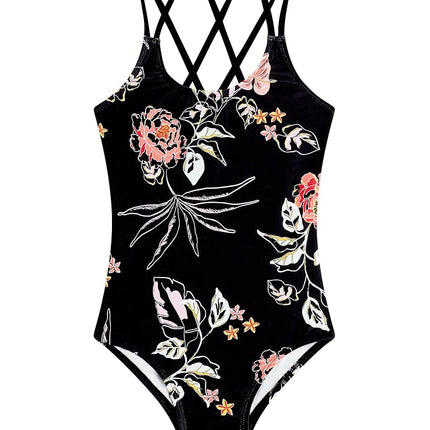 Kanu Surf Girls UPF 50+ Beach Sport Criss-Cross One Piece Swimsuit, Reese Black, 16