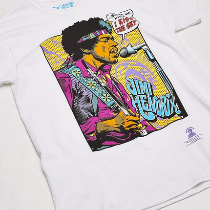 Liquid Blue Unisex's Jimi Hendrix Pop Art 'Scuse Me While I Kiss The Sky T-Shirt, White, Medium