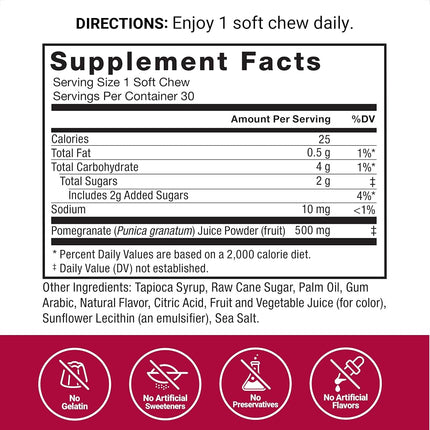 Force Factor Pomegranate Soft Chews for Healthy Aging, Heart Health, Bone Health, & Brain Health, Superfood & Antioxidants Supplement, Non-GMO, Gluten-Free, Vegan, Pomegranate Flavor, 30 Soft Chews