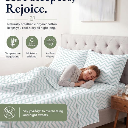 LANE LINEN 100% Organic Cotton Twin XL Fitted Sheet, 2-Piece Set (1 Fitted Sheet, 1 Pillowcase), Percale Weave, Lightweight, Soft, Breathable, Fits Mattress Upto 15' Deep - Cool Blue Chevron