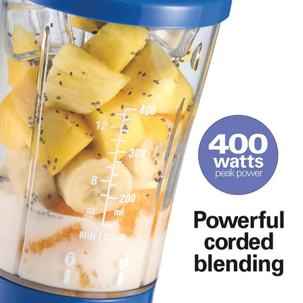 Hamilton Beach Personal Blender for Smoothies & Protein Shakes, Portable Single Serve Blender with Travel Lid, 14 oz BPA-Free Jar, 175W, Compact Countertop Blender, Monaco Blue, 51132G
