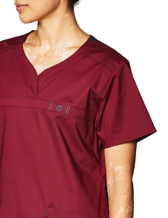 WonderWink 6208AWINXXS WonderFLEX Women's Patience Curved Notch-Neck Top, Wine, Standard-XXS Size