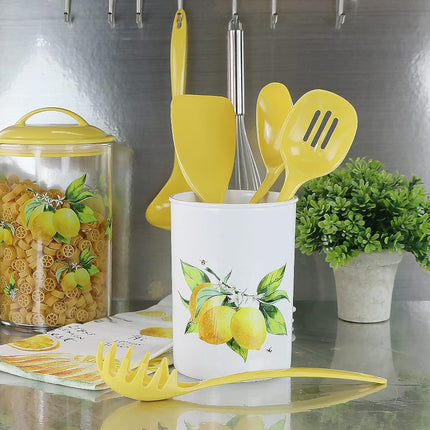 Reston Lloyd 6 Piece Kitchen Utensil Holder for kitchen counter, Utensils crock with Heat Resistant Spoon, Slotted Spoon, Ladle, Spatula BPA Free, Fresh Lemons