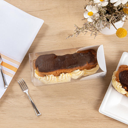 Restaurantware-7 Inch x 2.5 Inch Clear Dessert Boxes, 100 White Paper Sleeve Transparent Candy Boxes - Lotus Accent, No Grease Lining, Clear Plastic Clear Favor Boxes, Crack Resistant, Disposable