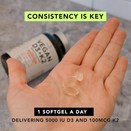 Premium Vegan D3 K2. 5000 iu Vitamin D from Algae. 100mcg All-Trans MK7 Vit K. 120 Plant-Based Carrageenan Free Softgels. Blended with Organic Coconut Oil. NO Lanolin, Gelatin, Lichen, or Soy. Non-GMO