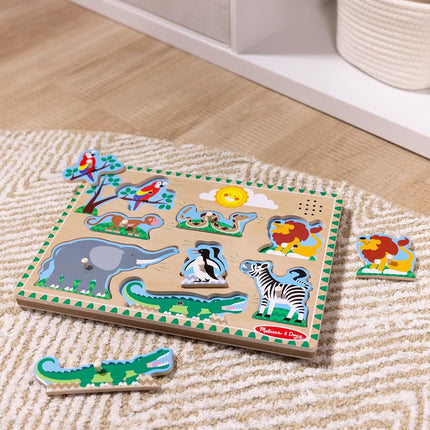 Melissa & Doug Zoo Animals Sound Puzzle - Wooden Peg Puzzle With Light-Activated Sound Effects (8 pcs) Animal Noise Puzzles for Toddlers 2+