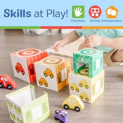 Melissa & Doug Nesting and Sorting Garages and Cars with 7 Graduated Garages and 7 Stackable Wooden Cars - FSC Certified