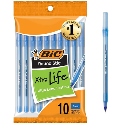 BIC Round Stic Ball Pens, Medium Point, Blue, 10-Count