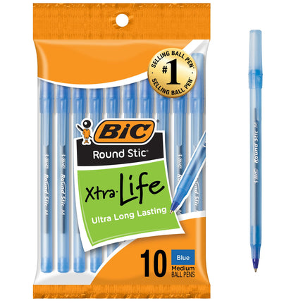 BIC Round Stic Ball Pens, Medium Point, Blue, 10-C