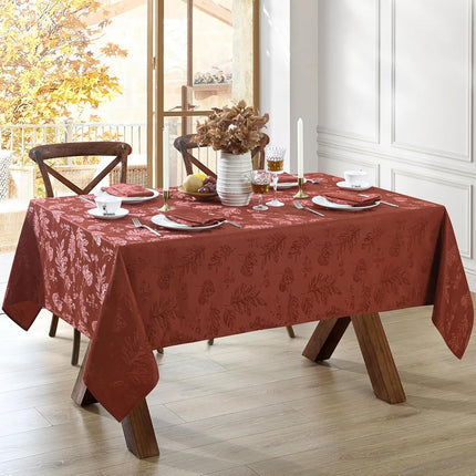 Elrene Home Fashions Elegant Woven Leaves Jacquard Damask Wrinkle Resistant Tablecloth, 60" x 84", Oblong, Spice Red
