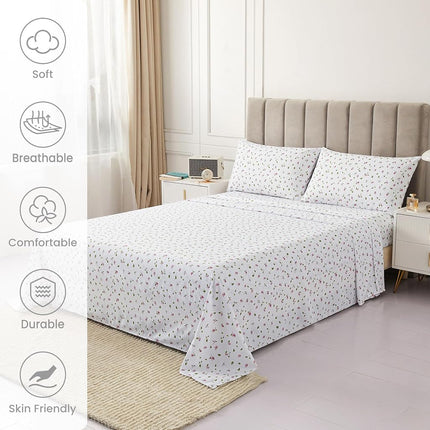 Mooreeke Floral Queen Sheets, Soft Breathable Microfiber Printed Bed Sheet Set, Deep Pocket Non-Slip Fitted Sheet Included, Flower Leaf Pattern