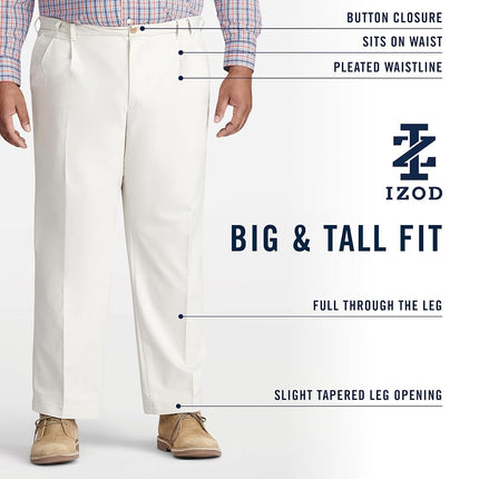 IZOD Men's Big and Tall Performance Stretch Pleated Pant, Cederwood Khaki, 44W x 29L