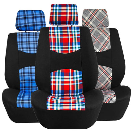 FH Group Car Seat Covers Full Set Plaid Print Cloth - Universal Fit Automotive Seat Covers, Low Back Front Seat Covers, Solid Back Seat Cover, Washable Car Seat Cover for SUV, Sedan, Van Red