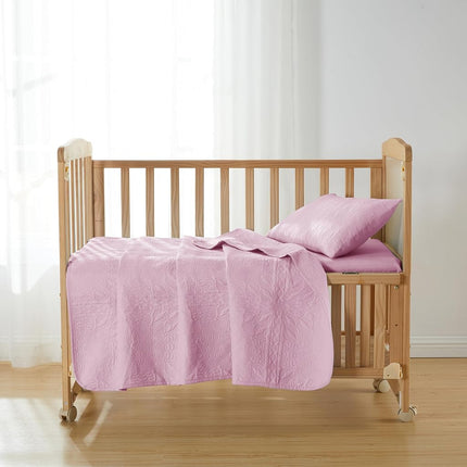 Hearth & Harbor 3-Piece Toddler Bedding Set � Soft, Breathable All-Season Quilt and Coverlet for Kids � Lightweight and Cozy Bedspread - Grid Weave - Baby Pink