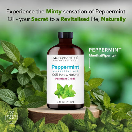 MAJESTIC PURE Peppermint Essential Oil | 100% Pure and Natural Peppermint Oil | Premium Grade Essential Oils for Hair Care, Home Diffusers, Skin, Aromatherapy, Massage and Humidifiers | 4 Fl Oz