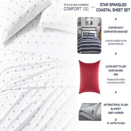 Nautica - Queen Sheet Set, Cotton Percale Bedding Set, Crisp & Cool, Lightweight & Breathable (White, Queen)