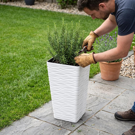 Worth Garden 2-Pack Tall Tapered Planter - Plastic White Square Plant Pots - 55CM Tall Large Tree Planter - Modern Matte Wavy Decorative Flower Pot for Indoor Outdoor Porch Deck