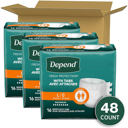 Depend Incontinence Protection with Tabs, Maximum Absorbency, Large, 16 Count (Pack of 3)