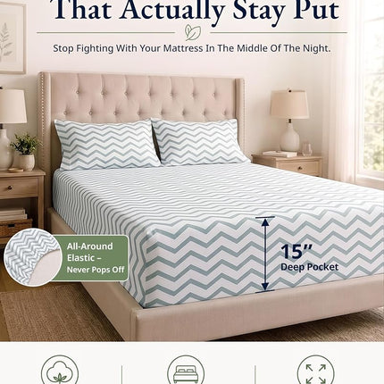 LANE LINEN 100% Organic Cotton Twin XL Fitted Sheet, 2-Piece Set (1 Fitted Sheet, 1 Pillowcase), Percale Weave, Lightweight, Soft, Breathable, Fits Mattress Upto 15' Deep - Cool Blue Chevron