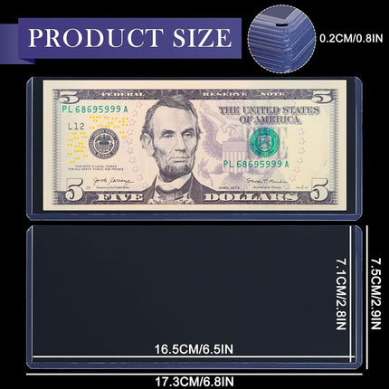 Uncle Paul 100PCS Banknotes Top-Insert Holders - Currency PVC Transparent Bill Money Top-Load Sleeves Display Holder for Regular Bills Protector Storage Cases Collectors PN03L100