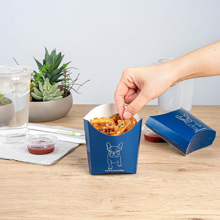 Bio Tek 4.5 x 3.2 x 3.9 Inch French Fry Cup, 100 Disposable Snack Cups - Stackable, Sustainable, Frenchie Paper 3 Ounce Fry Holder, for Fries, Onion Rings, Popcorn, or Cookies - Restaurantware