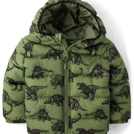 The Children's Place Baby and Toddler Boys' Medium Weight Wind-Resistant, Water-Resistant Puffer Jacket, Olive T-rex, 5T