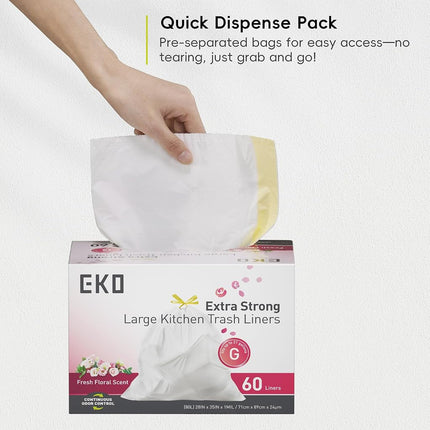 EKO Extra Strong 21 Gallon Large Trash Bags, Heavy-Duty Drawstring Kitchen & Household Garbage Bags (80L), Leak-Resistant, Fresh Floral Scent, Continuous Odor Control, 60 Count, Code G
