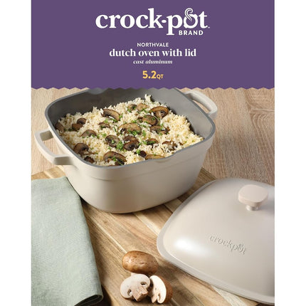 Crock-Pot Northvale Cocotte Hollandaise en Aluminium Moulé, Légère, Durable, de 5,2 Litres, Robuste avec Couvercle, Compatible Four, Doubles Poignées - Blanc Lin Mat