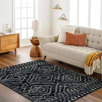 Wonnitar Moroccan Washable Area Rug 5x7, Black Large Rug for Living Room, Non-Slip Boho Bedroom Throw Mat, Low Pile Stain Resistant Geometric Floor Carpet for Dining Table Kitchen Dorm (Black,5'x7')