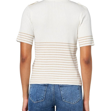 Nautica Women's Short Sleeve Lurex V-Neck Pullover Sweater, Ivory Multi, Large