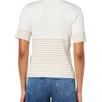 Nautica Women's Short Sleeve Lurex V-Neck Pullover Sweater, Ivory Multi, Large