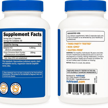 Nutricost Berberine HCl with Ceylon Cinnamon Capsules (120 Capsules, 60 Servings) - Non-GMO, Animal-Free Product