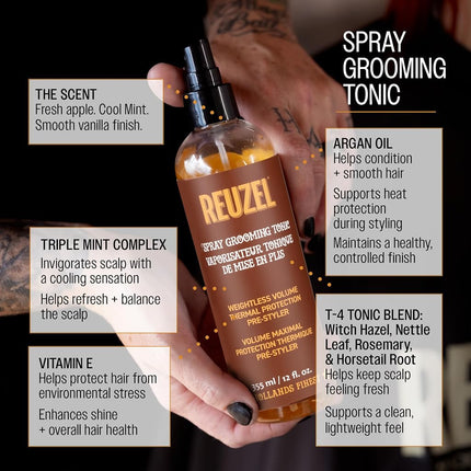 Reuzel Hairspray Grooming Tonic - Subtle Apple, Peppermint Fragrance - Perfect For Blow Drying - Ideal For Volume, Lift And Texture - Low Shine - Protects Hair From All Thermal Styling - 355 ml