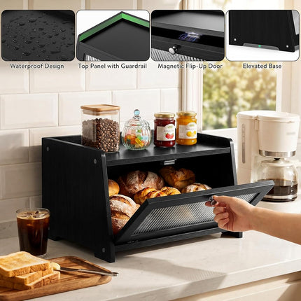 Black Bread Box for Kitchen Countertop with Clear Acrylic View Window