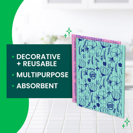 Paños de esponja Scotch-Brite, reutilizables, absorbentes y decorativos, toallitas aptas para lavavajillas, ideales para utensilios de cocina antiadherentes, azulejos, encimeras, espejos y grifos, 2 paños de cocina