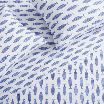 Nautica Cotton Percale Bedding Set, Crisp & Cool, Lightweight & Breathable, 100%, Woodblock Fish Blue, Full