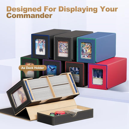 UAONO MTG Deck Box with 2 Commander Display and Dice Tray-Patented Design, Double Deck Box for 280+ Single Sleeved Cards, Leather Magnetic Card Storage Box Fits for TCG CCG Magic Cards (Black&Khaki)